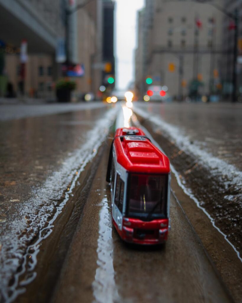 Toy streetcar in real tracks